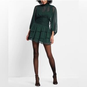 NWT EXPRESS Mock Neck Long Sleeve Pleated Waist Tiered Ruffle Mini Dress Emerald